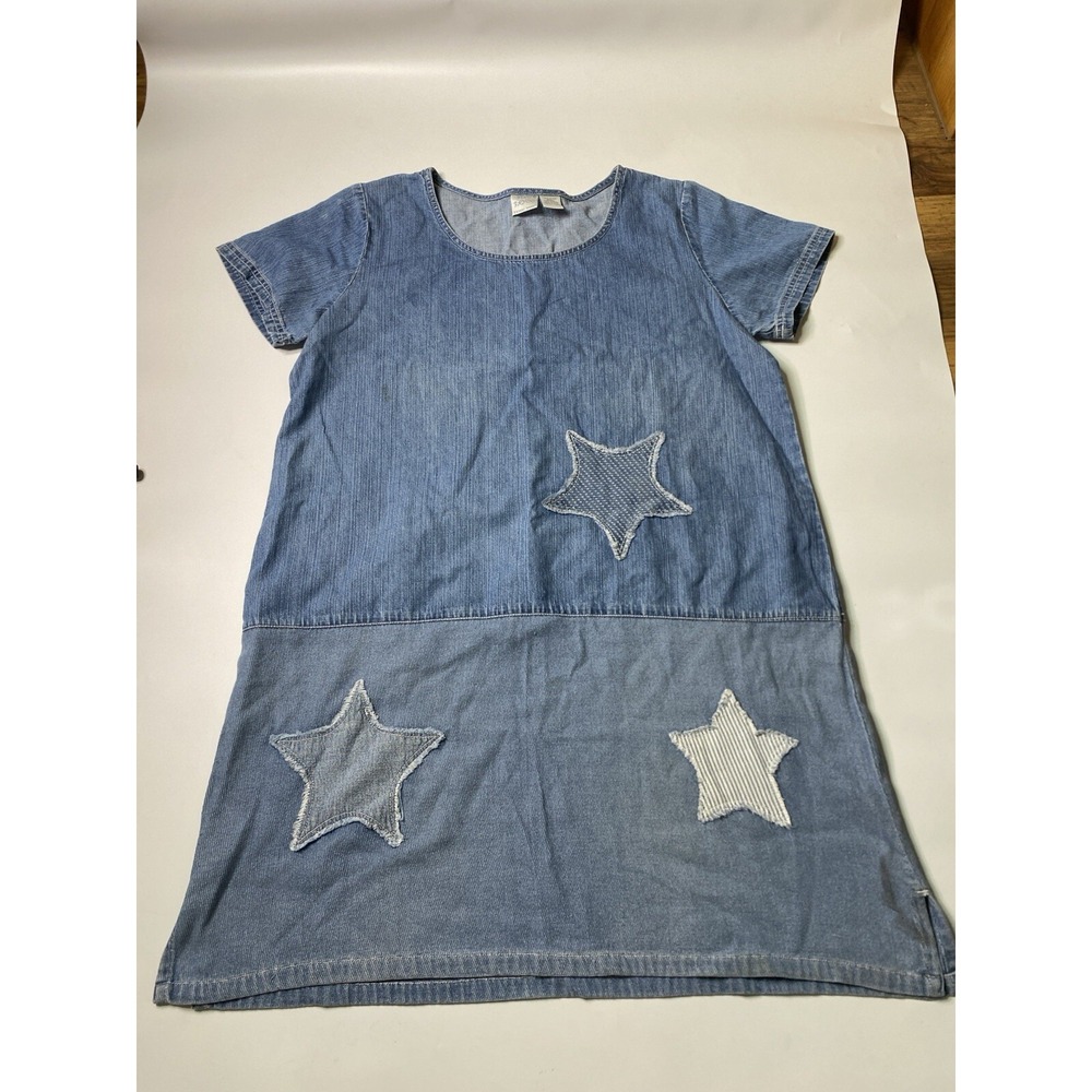 VTG Bleu Bayou Denim Star Embroidered Dress Modest Cottage Core Artsy Women's L